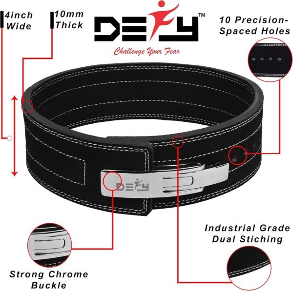 DEFY Weightlifting Lever Belt – 4” Wide Powerlifting Strongman Gym Belt for Men & Women – 10MM Lever Belt for Lower Back Support, Workout, Deadlift & IPF Bodybuilding - Image 5