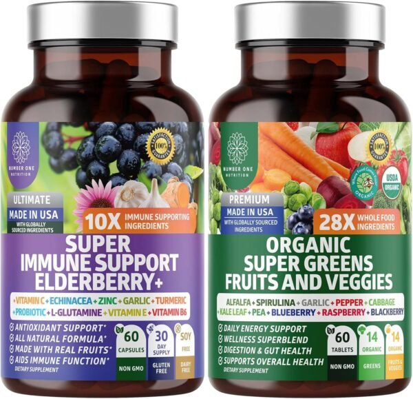 N1N Premium Organic Super Fruits & Veggies + Immune Support [38 Powerful Ingredients], Natural Super Greens Supplement with Alfalfa, Vitamins & Minerals, Zinc, Turmeric and Probiotic, 120 Caps - Image 2