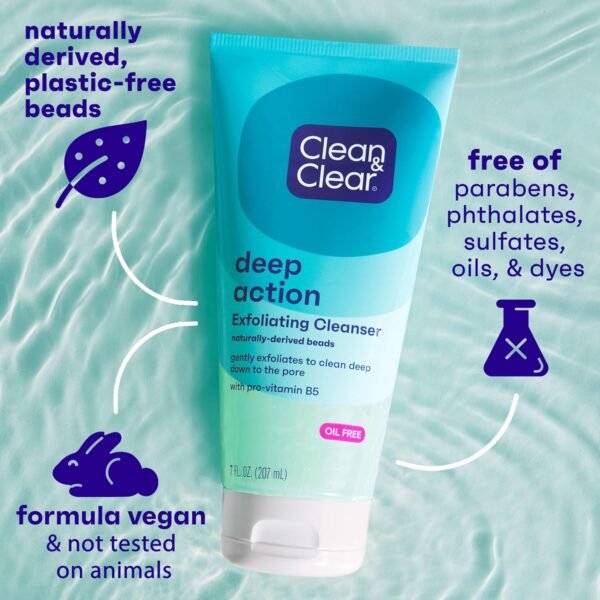 Clean & Clear Deep Action Exfoliating Cleanser with Pro-Vitamin B5, Gentle Exfoliating Daily Face Scrub Cleans Deep Down to the Pore for Soft, Smooth, Hydrated Skin, Oil Free Face Wash, 7 FL OZ - Image 7