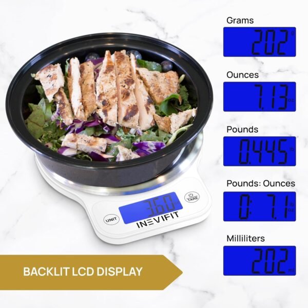 INEVIFIT Digital Kitchen Scale, Highly Accurate Multifunction Food Scale 13 lbs 6kgs Max, Clean Modern White with Premium Stainless Steel Finish. Includes Batteries - Image 5