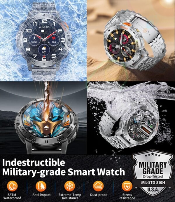 Smart Watches for Men(3 Straps),1,43'' AMOLED Military Smart Watch for Men with LED Flashlight/530mAh Large Battery/5ATM Waterproof,Fitness Tracker Smartwatch with Answer/Make Call Silver - Image 4