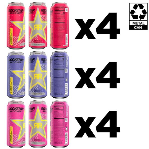 Rockstar Recovery Non-Carbonated Energy Drink, 3 Flavor Variety Pack (Raspberry Lemonade, Berryade, Strawberry Lemonade), 16 Fl Oz Cans (12 Pack), 160mg Caffeine, B Vitamins, Electrolytes - Image 3