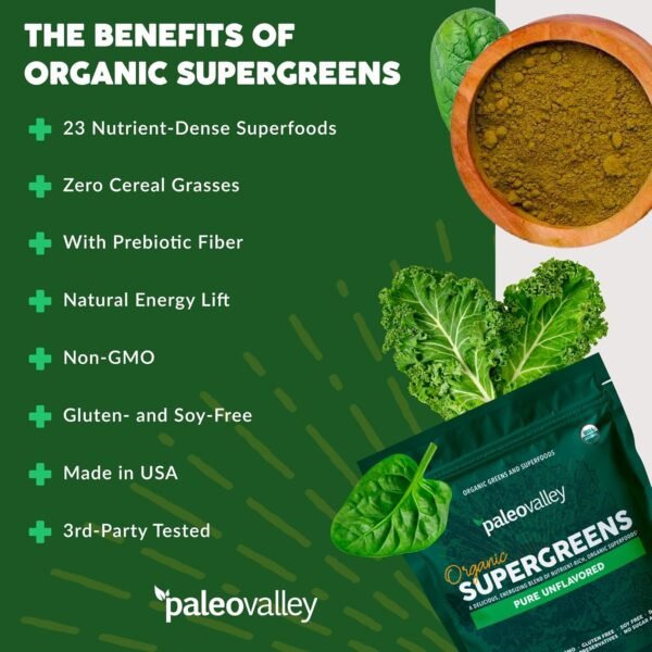 Paleovalley Organic Supergreens Powder - 23 Superfoods with Prebiotic Fiber for Energy and Immunity Support - No Cereal Grasses for Maximum Absorption - Pure Unflavored, 30 Servings - Image 5