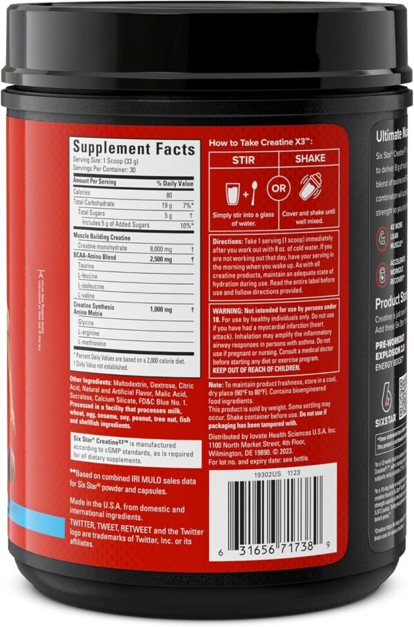 Six Star Creatine Monohydrate Powder, X3 (ICY Snow Cone) - Flavored Creatine HCl Powder Monohydrate Supplement for Muscle Building & Performance - Post Workout Supplement for Men & Women - 30 Servings - Image 3