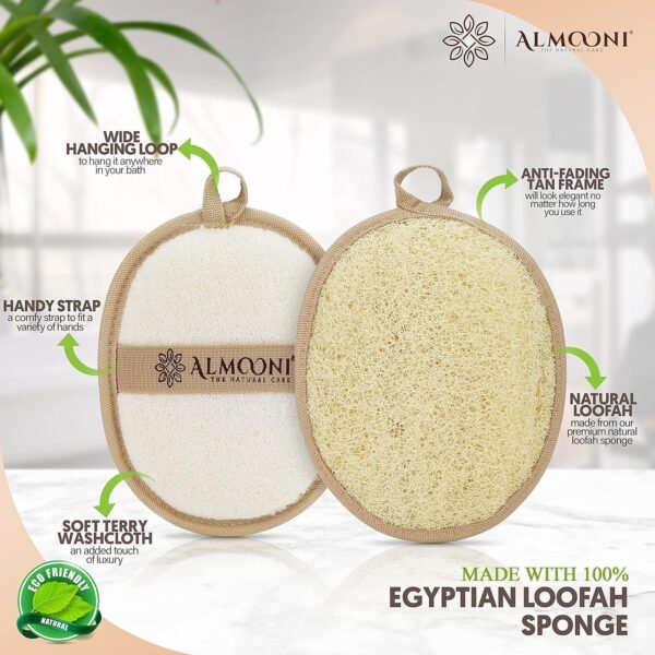 Almooni Natural Loofah Exfoliating Body Scrubber, Made with Natural Egyptian Shower Loofah Sponge, Bath Shower Loofah Sponge for Women and Men, for Face and Body That Gets You Clean - 2 Count (1 Pack) - Image 3