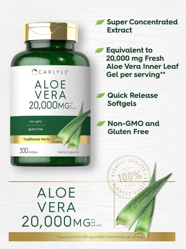 Carlyle Aloe Vera Softgel Capsules 20,000mg | 300 Count | Aloe Vera Gel Supplement | Non-GMO, Gluten Free - Image 4