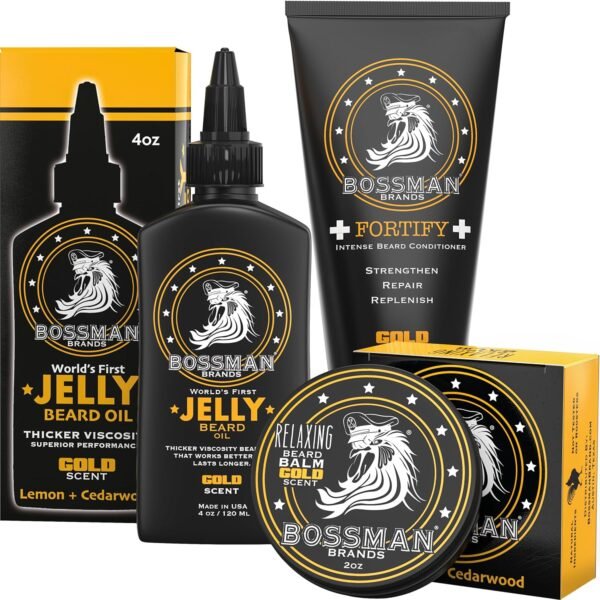 Bossman Essentials Beard Kit for Men - Beard Oil Jelly, Fortifying Conditioner Cream, Beard Balm - Grooming Growth Care Accessories (Gold) - Image 2