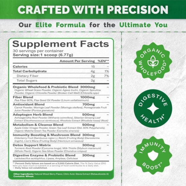 Greens Powder - 25 Organic Superfoods for Digestive and Gut Health with Probiotics, Turmeric and Ashwagandha - 30 Servings - Image 3