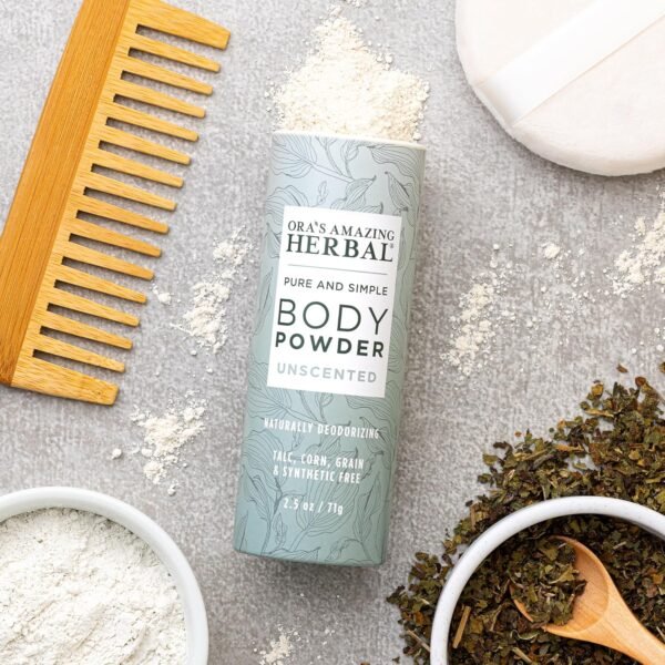 Fragrance Free Body Powder for Women and Men, Unscented Talc Free Talcum Powder, Cornstarch Free Dusting, Waxing, Natural Sugaring, Foot Powder, Dry Shampoo, Made in USA, Ora’s Amazing Herbal, 2.5 oz - Image 4