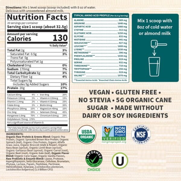 Garden of Life Raw Organic Protein & Greens Lightly Sweet, Vegan Protein Powder for Women and Men, Plant Protein, Pea Protein, Greens & Probiotics, Dairy Free, Gluten Free Low Carb Shake, 20 Servings - Image 6