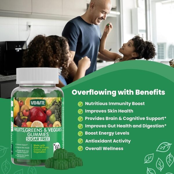 Sugar-Free Fruit and Veggie Gummies — 35+ Greens, Fruit and Vegetable Vitamins to Boost Immunity, Skin & Gut Health — Ideal Fruit and Vegetable Supplement for Adults & Kids (60 Gummies) - Image 3