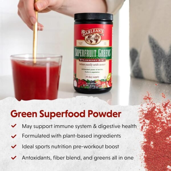 Barlean's Strawberry Kiwi Superfruit Greens Powder, Daily Fruits and Veggies Superfood Supplement, Green Antioxidant Blend and Fiber Super Power Smoothie Mix, 9.52 oz - Image 4