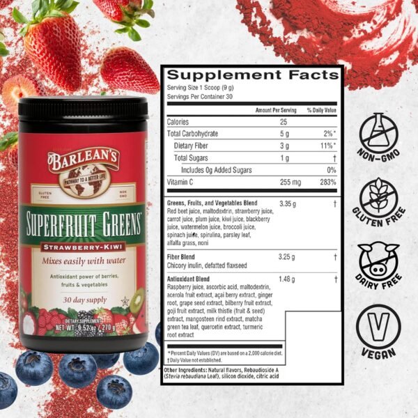 Barlean's Strawberry Kiwi Superfruit Greens Powder, Daily Fruits and Veggies Superfood Supplement, Green Antioxidant Blend and Fiber Super Power Smoothie Mix, 9.52 oz - Image 7
