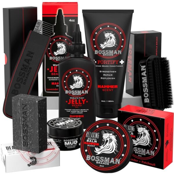 Bossman Big Boss Beard Care Kit for Men - 7 Piece Beard Grooming Kit with Jelly Beard Oil, Beard Conditioner, Beard Balm, MUDstache Wax, Bar Soap, Metal Comb, Brush - Mustache Kit (Hammer) - Image 2